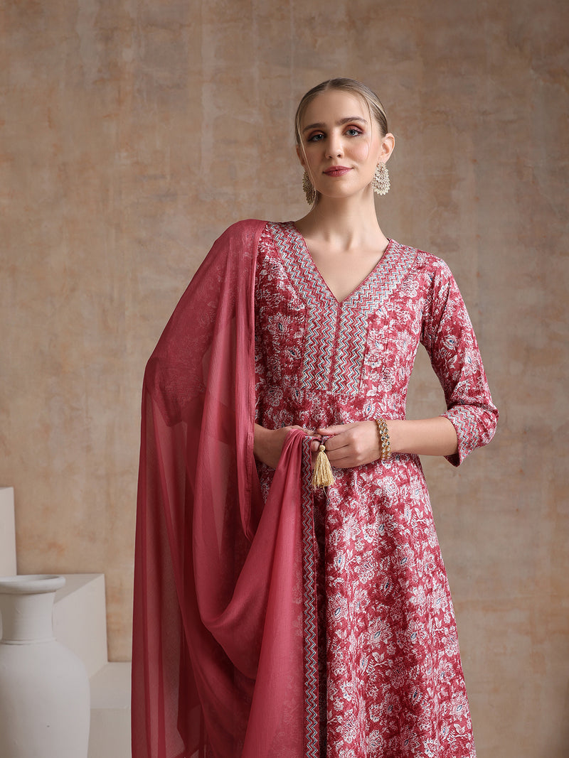 Floral Printed V Neck A Line Pure Cotton Kurta With Trousers & Dupatta