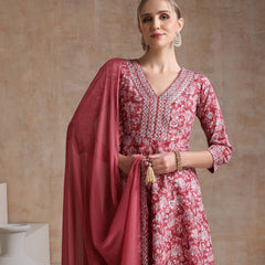 Floral Printed V Neck A Line Pure Cotton Kurta With Trousers & Dupatta