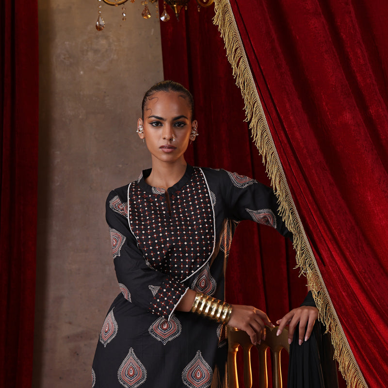 Women Cotton Kurta and Palazzo with Dupatta Set - Black - Khushal K - Image 4