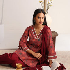 Khushal K Women Cotton kurti and Afghani Salwar with dupatta set - Maroon