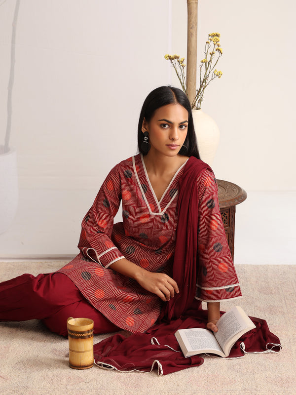 Khushal K Women Cotton kurti and Afghani Salwar with dupatta set - Maroon