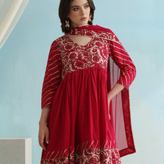 Floral Printed V-Neck Anarkali Kurta with Palazzos & Dupatta