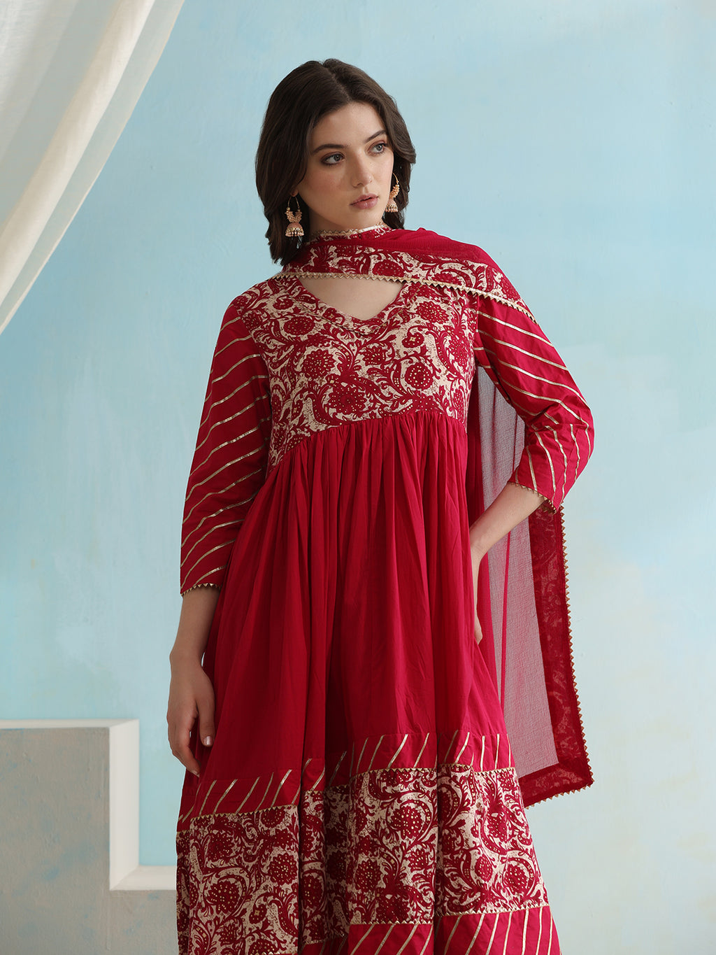 Floral Printed V-Neck Anarkali Kurta with Palazzos & Dupatta