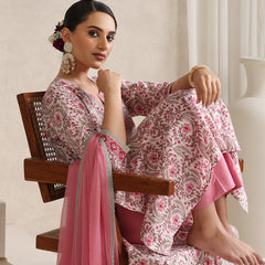 Women Floral Printed Angrakha Pure Cotton Kurta with Palazzos & With Dupatta