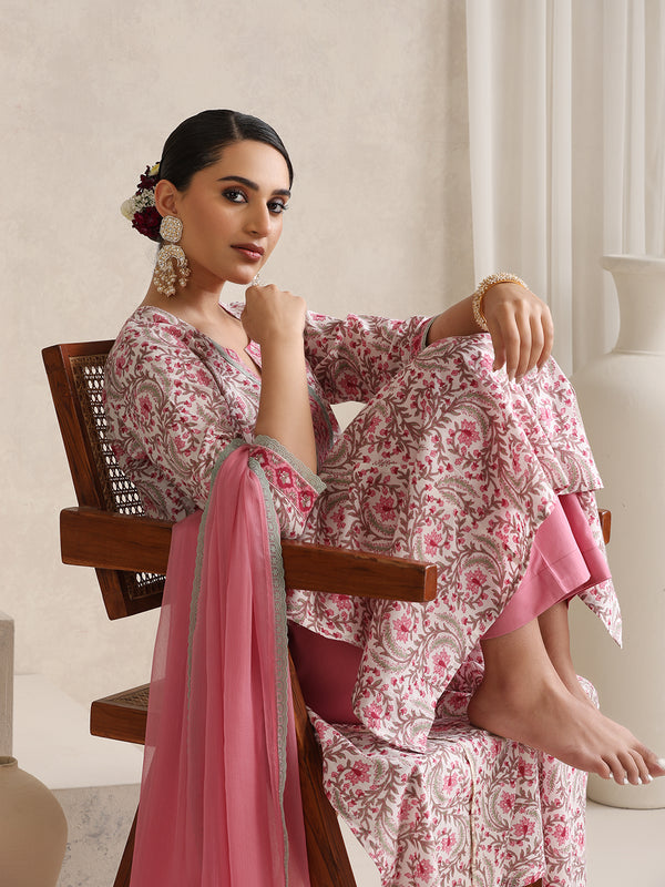 Women Floral Printed Angrakha Pure Cotton Kurta with Palazzos & With Dupatta