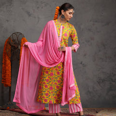 Khushal K Women Cotton Kurta Palazzo Dupatta Set - Yellow