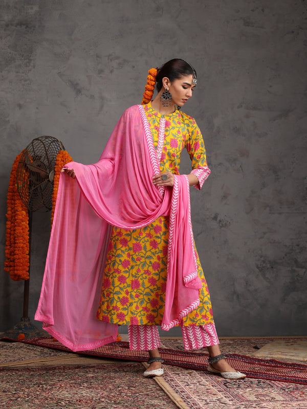 Khushal K Women Cotton Kurta Palazzo Dupatta Set - Yellow