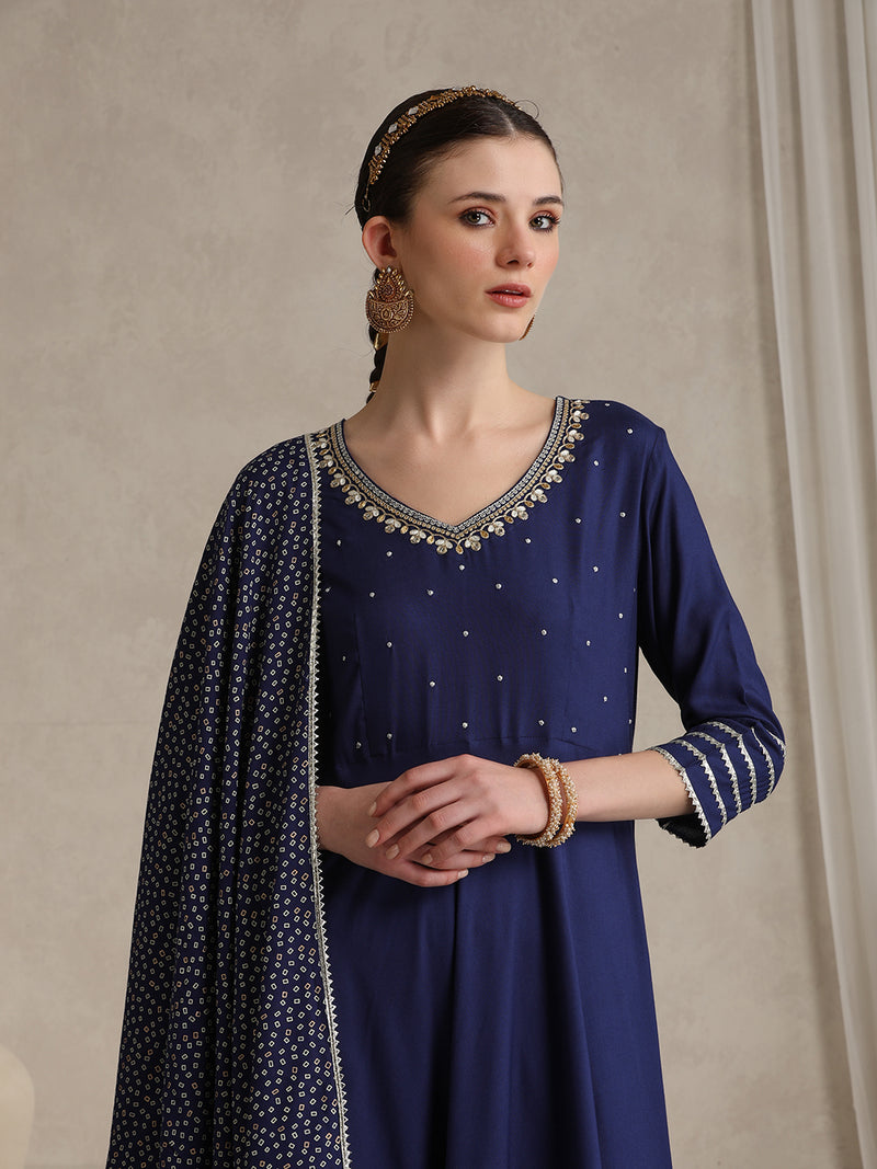 Floral Embroidered Gotta Patti V-Neck Anarkali Kurta With Palazzos & Dupatta