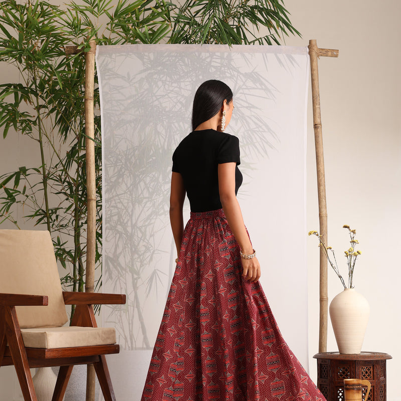 Khushal K Women's Maroon Printed Cotton Flared Maxi Skirt