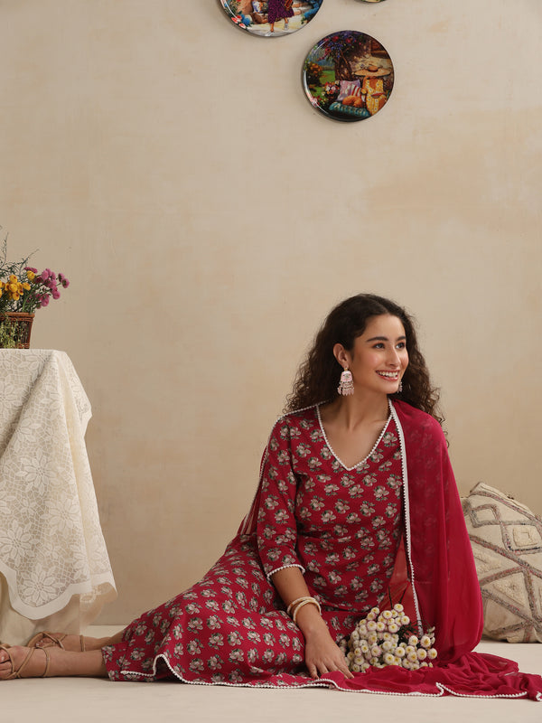 Khushal K Women Pink Floral Printed Regular Pure Cotton Kurta & Palazzo With Dupatta