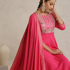 Floral Yoke Design V-Neck Thread Work A-Line Kurta With Trousers And Dupatta