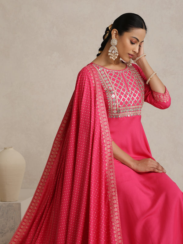 Floral Yoke Design V-Neck Thread Work A-Line Kurta With Trousers And Dupatta