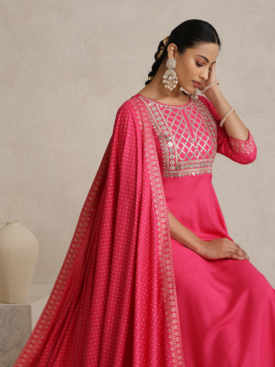 Floral Yoke Design V-Neck Thread Work A-Line Kurta With Trousers And Dupatta