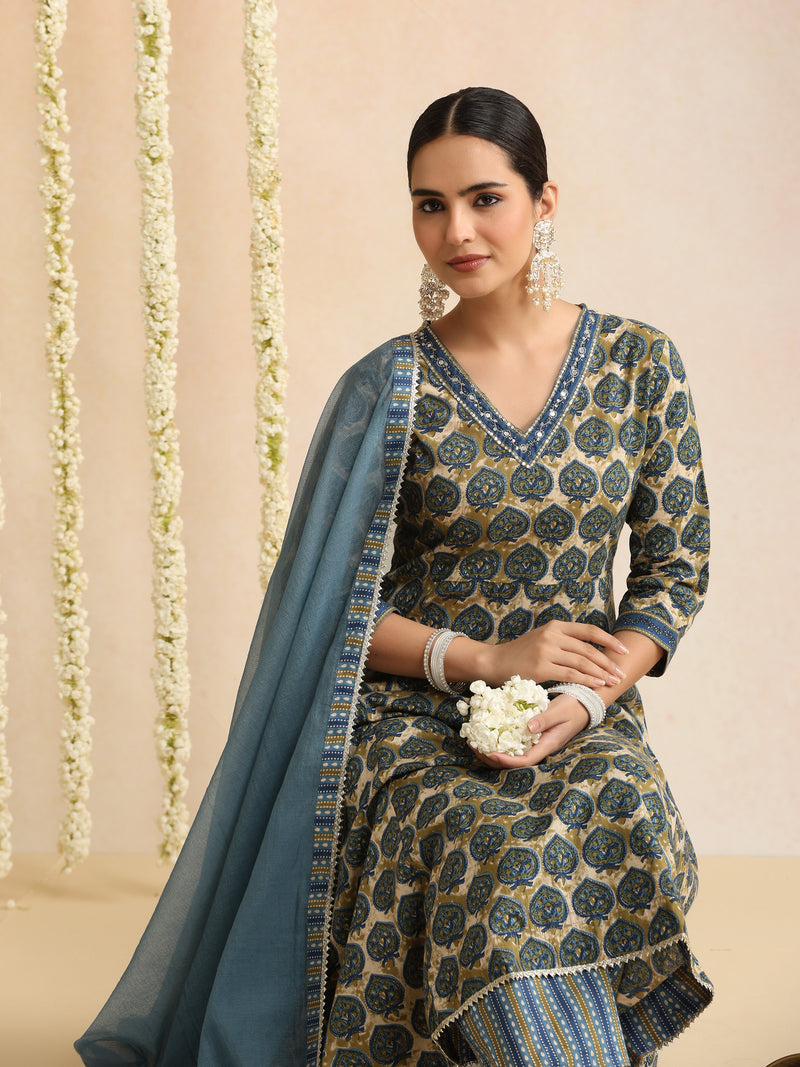 Women Ethnic Motifs Thread Work Pure Cotton Kurta with Trousers & Dupatta