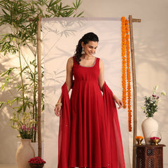Khushal K Women Cotton Kurta and Palazzo With Dupatta Set - Maroon