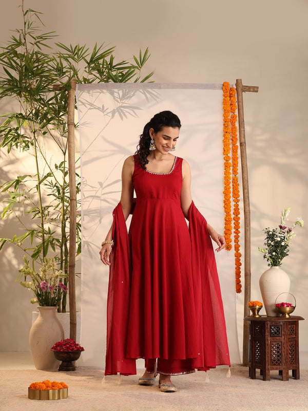 Khushal K Women Cotton Kurta and Palazzo With Dupatta Set - Maroon