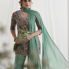 Floral Printed Square Neck Pure Cotton Straight Kurti With Palazzos & Dupatta
