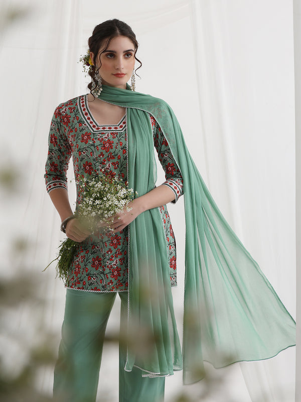 Floral Printed Square Neck Pure Cotton Straight Kurti With Palazzos & Dupatta