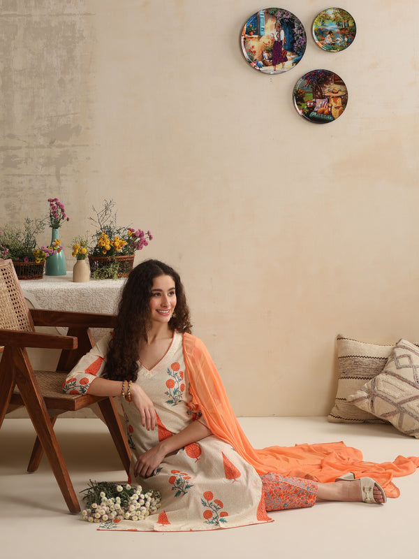 Khushal K Women Floral Off-White Printed Regular Pure Cotton Kurta & Palazzo With Dupatta