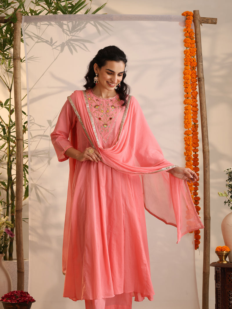 Khushal K Women Cotton Kurta and Palazzo With Dupatta Set - Pink