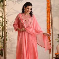 Khushal K Women Cotton Kurta and Palazzo With Dupatta Set - Pink