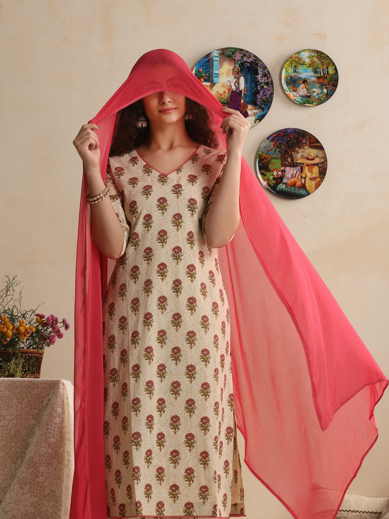 Khushal K Women Floral Printed Cream Regular Pure Cotton Kurta & Palazzo With Dupatta