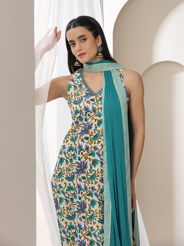 Khushal K Women Floral Printed Cotton Kurta with Trousers & Dupatta