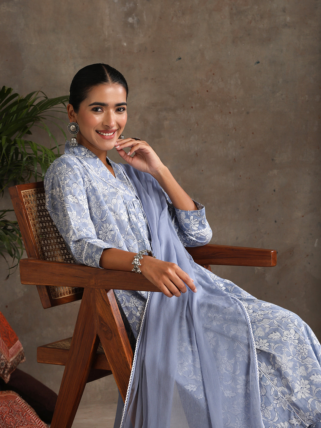 Floral Printed Pure Cotton A-Line Kurta With Palazzos And Dupatta