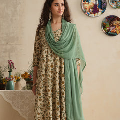Khushal K Women Floral Printed Regular Pure Cotton Kurta & Palazzo With Dupatta Cream