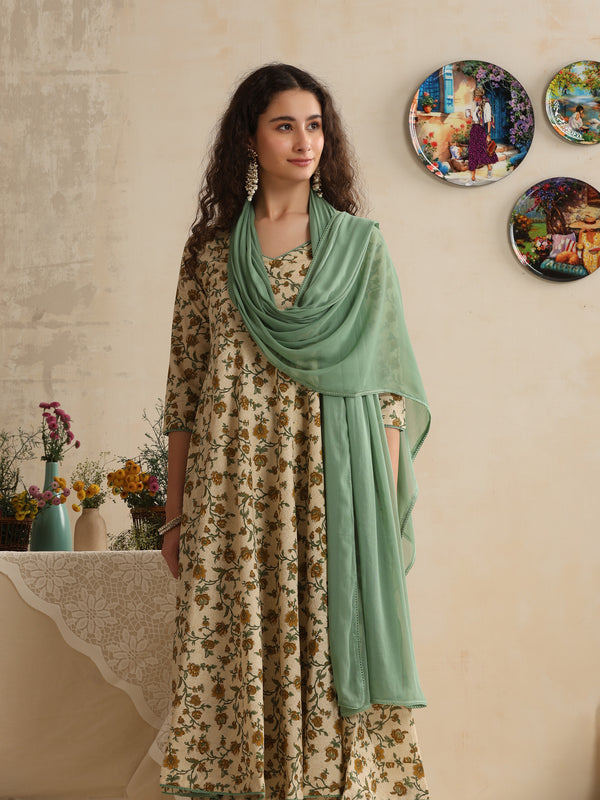 Khushal K Women Floral Printed Regular Pure Cotton Kurta & Palazzo With Dupatta Cream