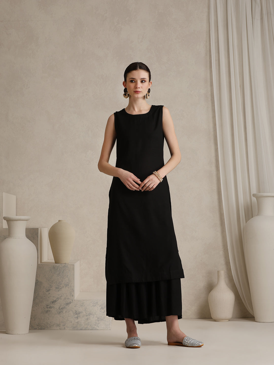 Geometric Embellished Mirror Work A-Line Kurta With Sharara & Dupatta