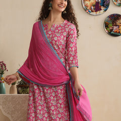 Khushal K Women Floral Printed Regular Pure Cotton Pink Kurta & Palazzo With Dupatta