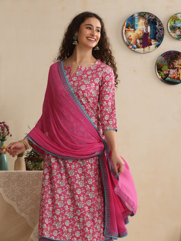 Khushal K Women Floral Printed Regular Pure Cotton Pink Kurta & Palazzo With Dupatta