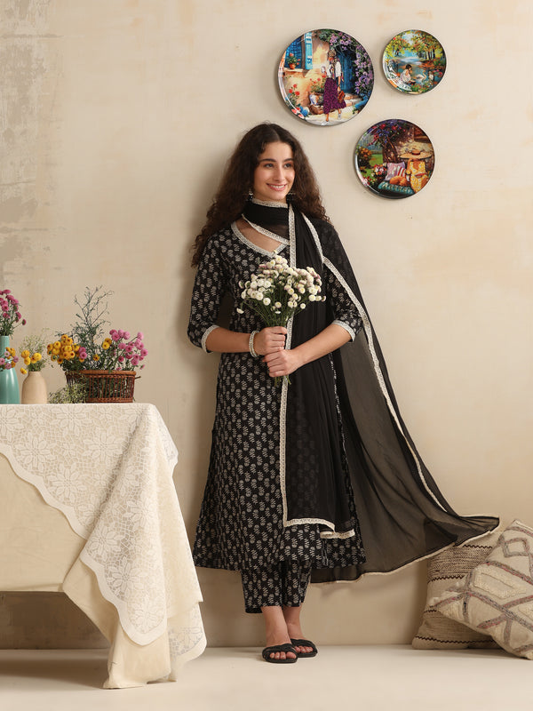 Khushal K Women Floral Printed Regular Pure Cotton Black Kurta & Palazzo With Dupatta