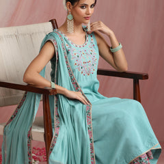 Turquoise Blue & Pink Embroidered Kurta with Palazzos & Dupatta Set