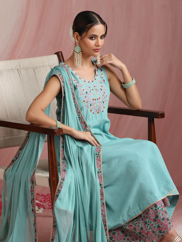 Turquoise Blue & Pink Embroidered Kurta with Palazzos & Dupatta Set