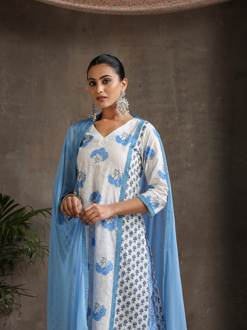 Women Floral Printed Cotton Kurta with Palazzo & Dupatta