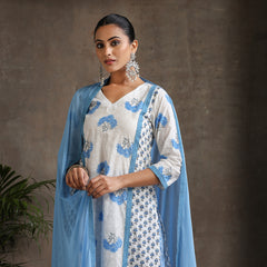 Women Floral Printed Cotton Kurta with Palazzo & Dupatta