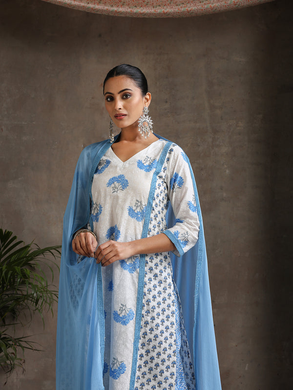 Women Floral Printed Cotton Kurta with Palazzo & Dupatta