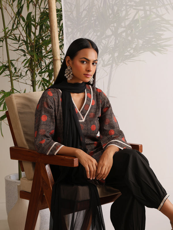 Khushal K Women Cotton kurti and Afghani Salwar with dupatta set - Black