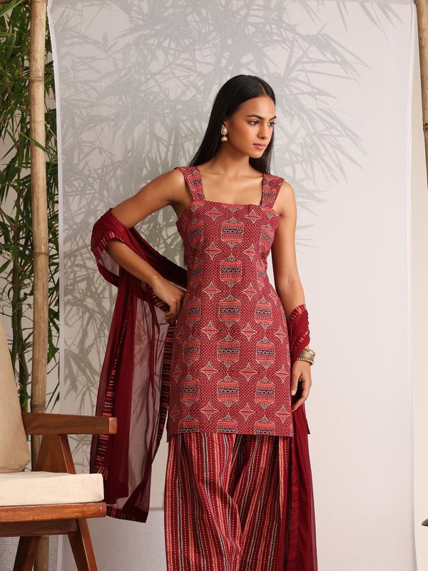 Khushal K Women Cotton kurti and Farshi Salwar with dupatta set - Maroon