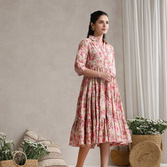 Women Floral Print Puff Sleeve A-Line Midi Dress