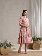Women Floral Print Puff Sleeve A-Line Midi Dress