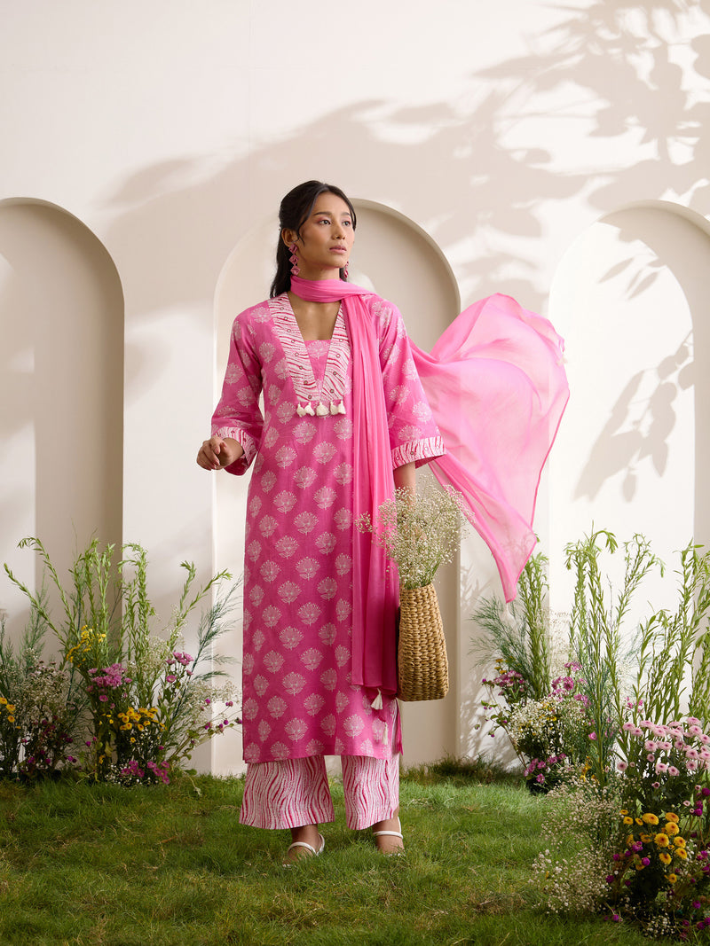 Khushal K Women Cotton Kurta And Palazzo With Dupatta Set - Pink
