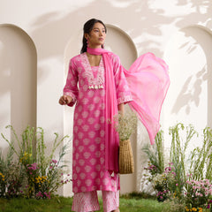 Khushal K Women Cotton Kurta And Palazzo With Dupatta Set - Pink