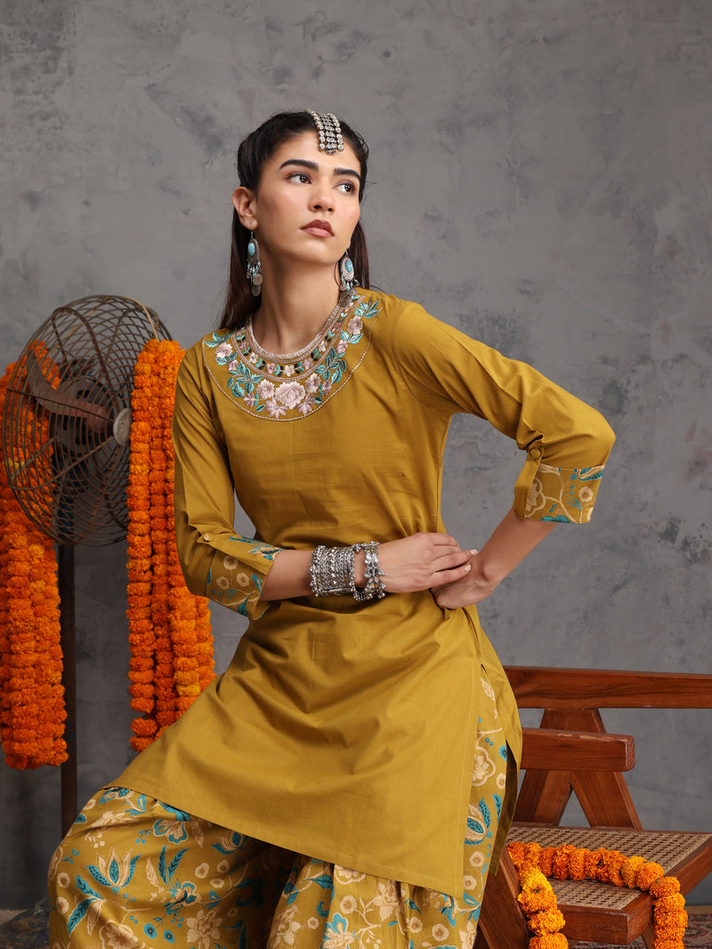 Khushal K Women Cotton Kurta Farsi Salwar Set - Mustard