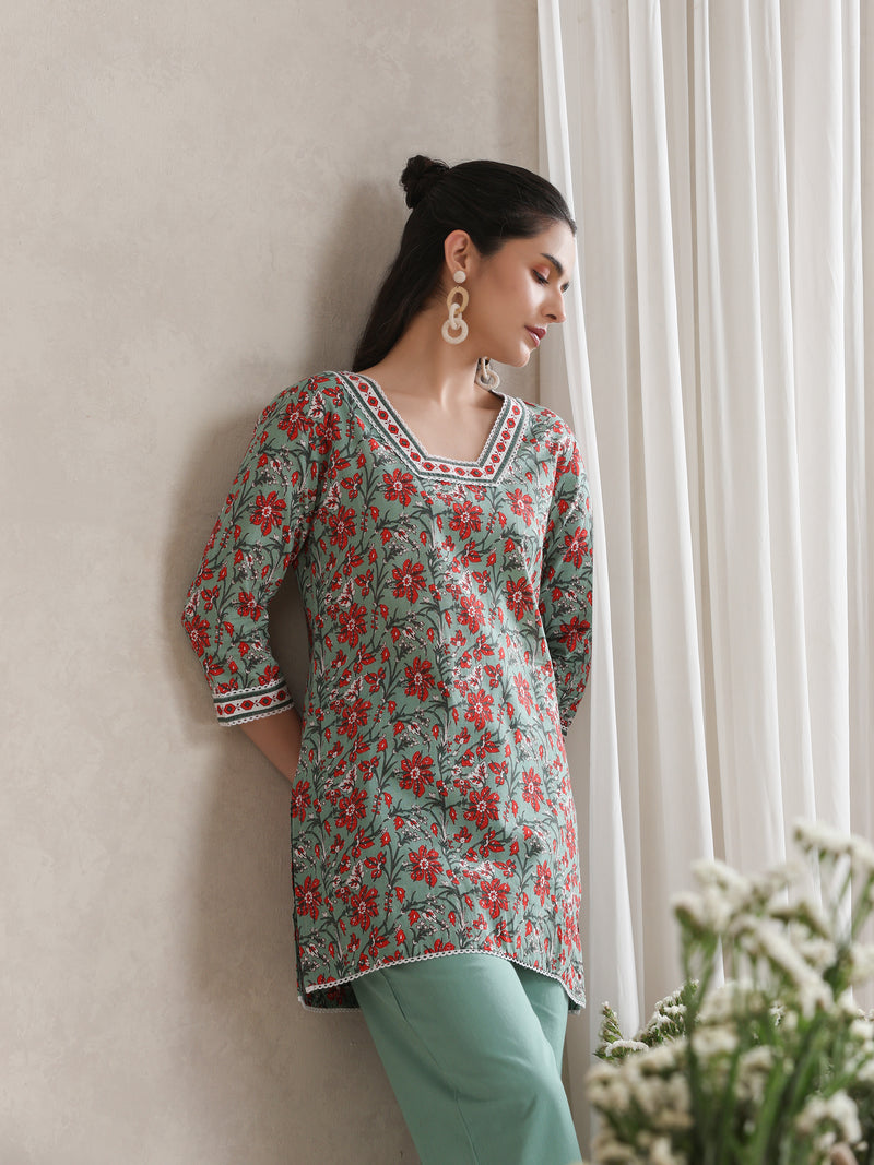Floral Printed Cotton V-Neck Tunic With Trouser Co-Ords