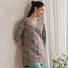 Floral Printed Cotton V-Neck Tunic With Trouser Co-Ords