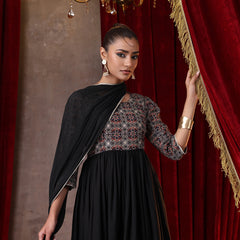 Khushal K Women Cotton kurta and palazzo with dupatta set - Black