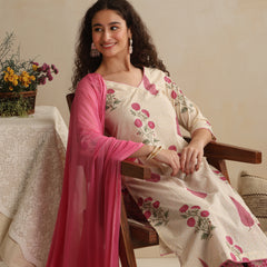Khushal K Women Floral Printed Regular Pure Off White Cotton Kurta & Palazzo With Dupatta